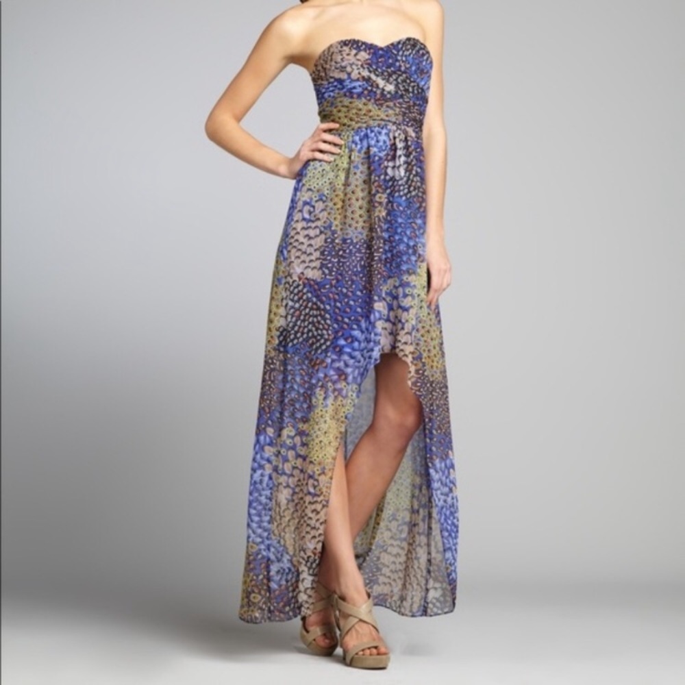Strapless High-low Dress in Peacock Print